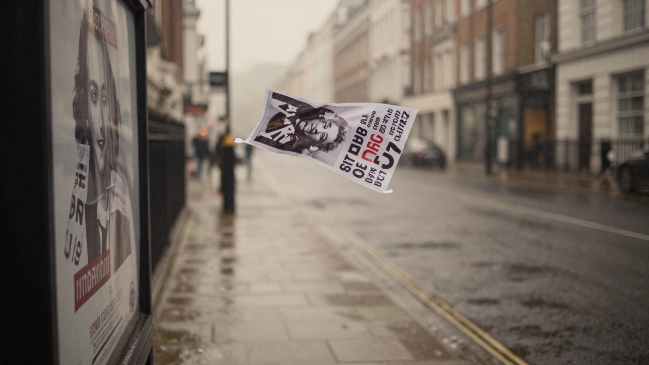 A torn escort ad blowing away in a rainy London street at dawn, dissolving into the pavement.