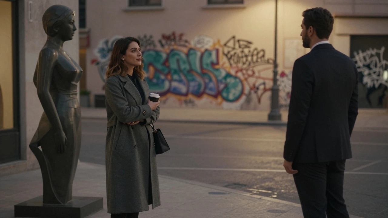 A woman waiting near an art sculpture in Dubai’s Alserkal Avenue, man approaching in the distance.