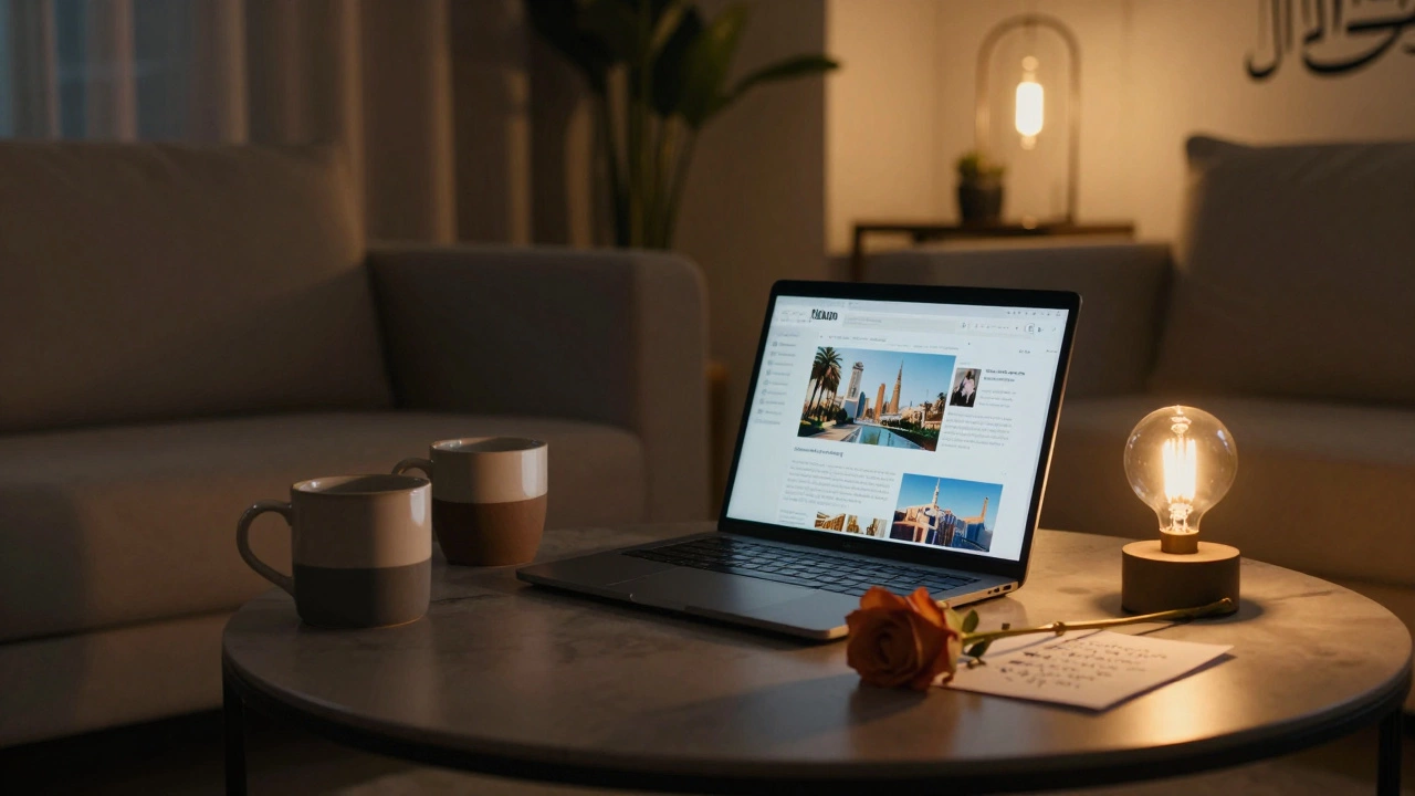 An intimate apartment lounge with coffee mugs, a rose, and a handwritten note under warm lighting.