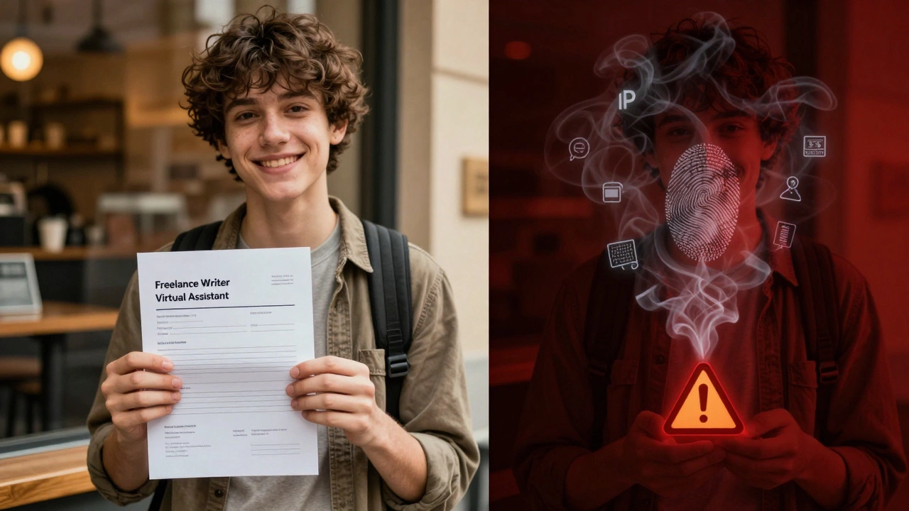 Split scene: hopeful job application on one side, digital surveillance traces fading on the other.